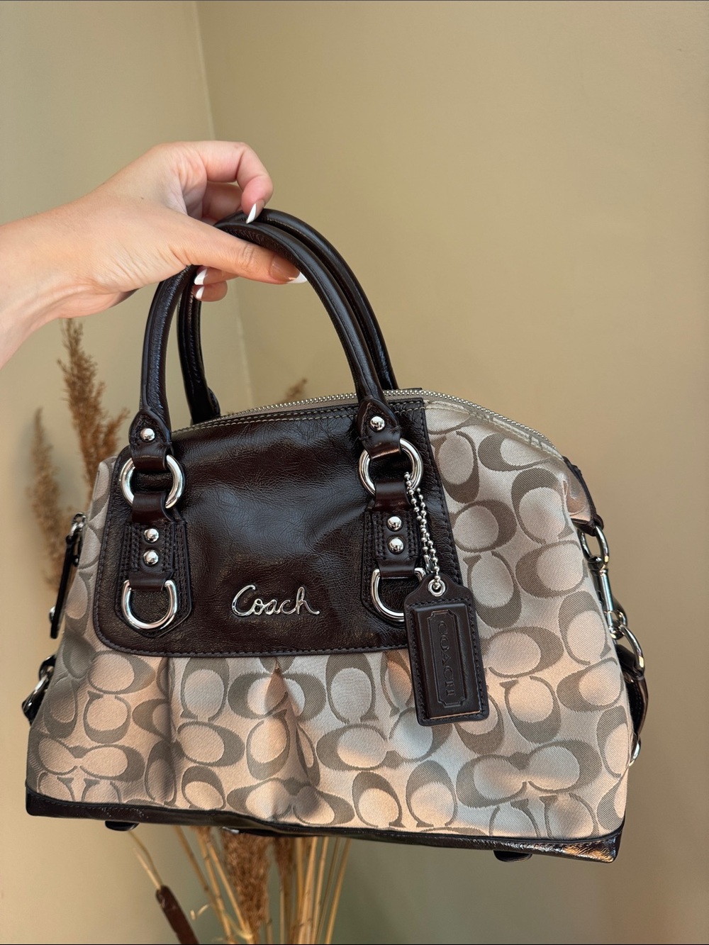 Coach Two-Tone Signature Satchel in Brown and Cream